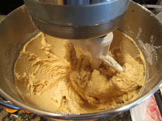Combining cookie dessert ingredients in a stand mixer.