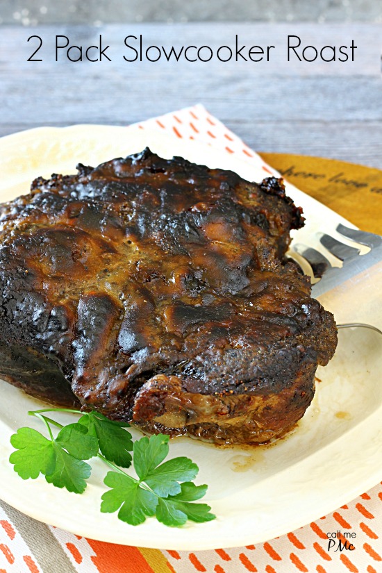 Two Pack Slow Cooker Roast is an easy weeknight dinner option. Full of flavor and totally hands-off cooking make this my co-to weeknight dinner recipe. #recipe #slowcooker #beef #2pack #easy #familyfavorite #beefroast #slowcookerroast A large piece of cookie beef on a platter.