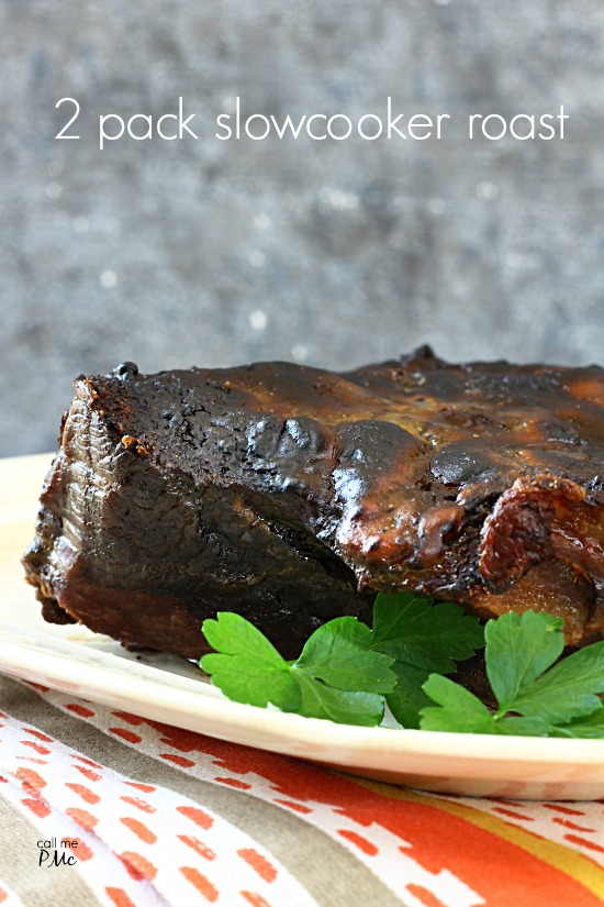 Two Pack Slow Cooker Roast is an easy weeknight dinner option. A large piece of cookie beef on a platter.