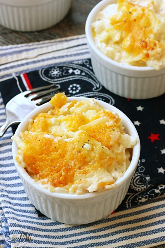 3 Ingredient Hashbrown Casserole recipe from callmepmc.com Food with cheese on top in a ramekin.