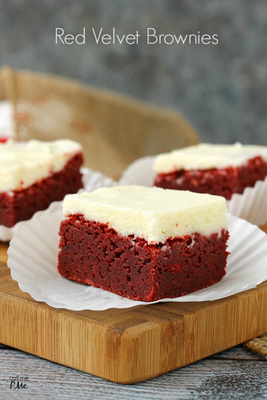 Red Velvet Brownies made with real chocolate and topped with Crema Cheese Frosting from callmepmc.com, the perfect dessert for the holidays!