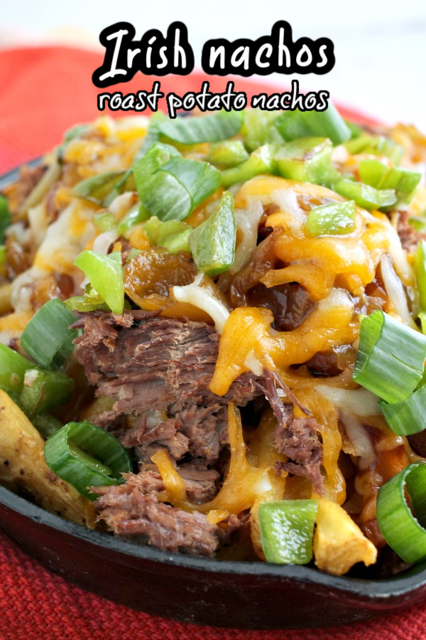 Irish Pub-Style Potato Nachos are an Irish twist of popular comfort food. Potato fries form the base for shredded roast, cheese, and more! #nachos #fries #potatonachos #Irishnachos #roast #beef #roastbeef #cheddar #gameday #tailgating #appetizer #entree #partyfood Irish Pub-Style Potato Nachos
