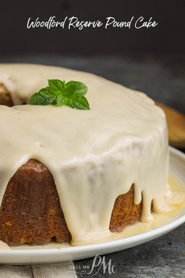 Whole Pound Cake with caramel sauce spilling over it. Woodford Reserve Pound Cake