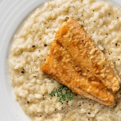 Pan Seared Catfish over Champagne Risotto is served on a white plate, garnished with a small sprig of fresh herb and black pepper for an elegant finish.