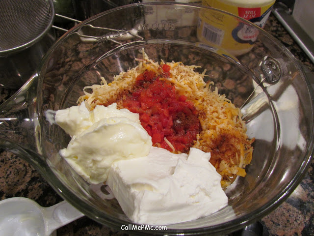 cream cheese, mayonnaise, pimentos, and cheese in a bowl ingredients in a bowl