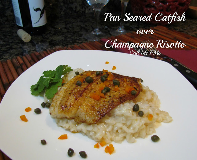 Pan Seared Catfish over Champagne Risotto with Champagne Pan Sauce has spicy seared catfish over a special champagne risotto is an elegant and flavorful special occasion dinner! #fish #catfish #champagne #risotto #sauce #recipe Pan Seared Catfish