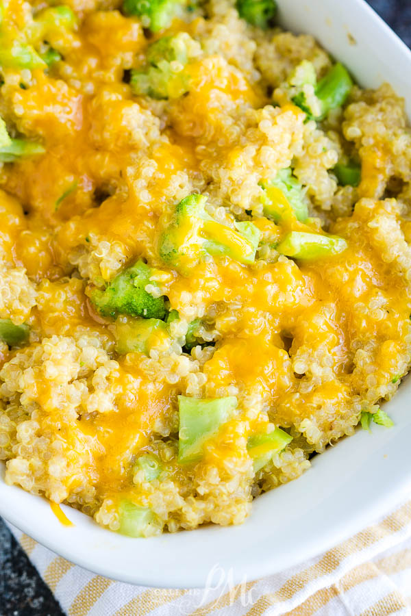 Quinoa casserole with broccoli in a baking dish.