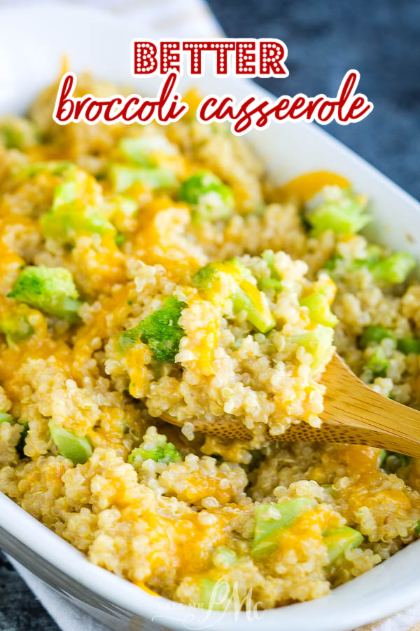 Broccoli quinoa casserole in a white serving dish.