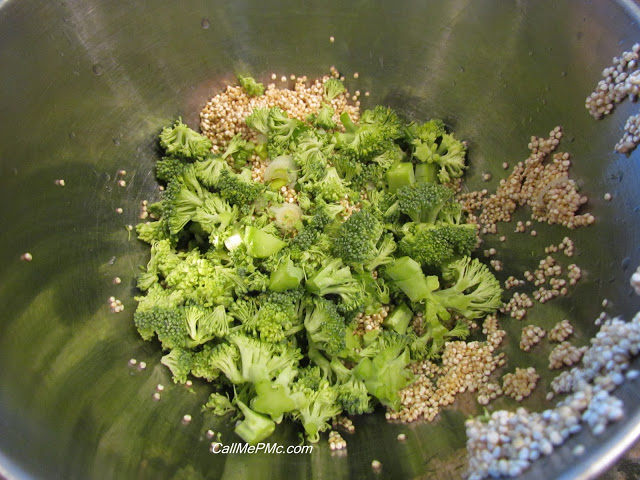 quinoa and broccoli in a mixing bowl.