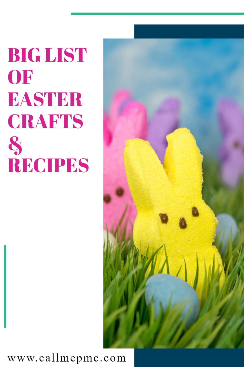 Yellow marshmallow bunny surrounded by blue eggs and grass, with pink and purple bunnies in the background; perfect inspiration for your Easter crafts and recipes.