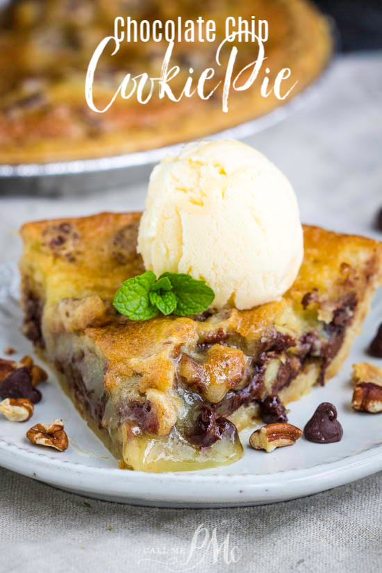 Who doesn't love Chocolate chip cookies? This Chocolate Chip Cookie Pie is like a big cookie baked in a pie crust. It's rich, decadent, and delicious! #chocolatechip #cookiedough #pie #chocolatepie #chocolatechippie #TollHousepie #recipe #dessert Slice of Toll House cookie dessert on a plate.