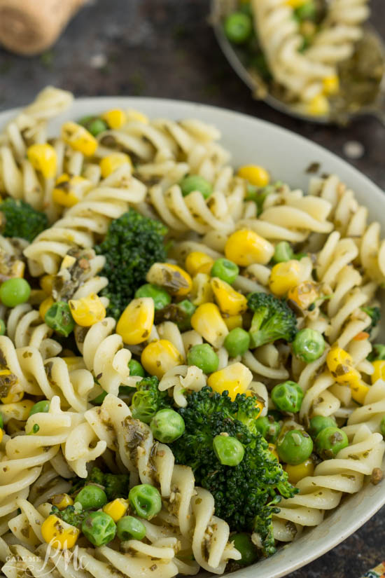 Easy Healthy Pasta and Veggies a quick and easy lunch or tasty side! This fresh and colorful vegetable pasta features a flavorful store-bought pesto that coats every bite.