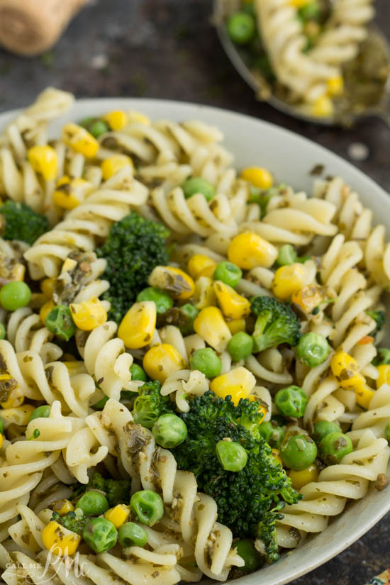 Easy Healthy Pasta and Veggies a quick and easy lunch or tasty side! This fresh and colorful vegetable pasta features a flavorful store-bought pesto that coats every bite. Easy Healthy Pasta and Veggies