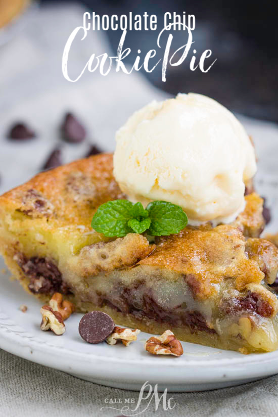 Slice of chocolate chip cookie pie topped with scoop of vanilla ice cream.