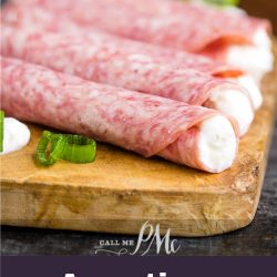 Appetizer Salami Rolls makes an easy appetizer for entertaining. Two ingredients & a few minutes for yummy finger food for charcuterie. #appetizer #salami #antipasta #creamcheese #appetizer #recipe