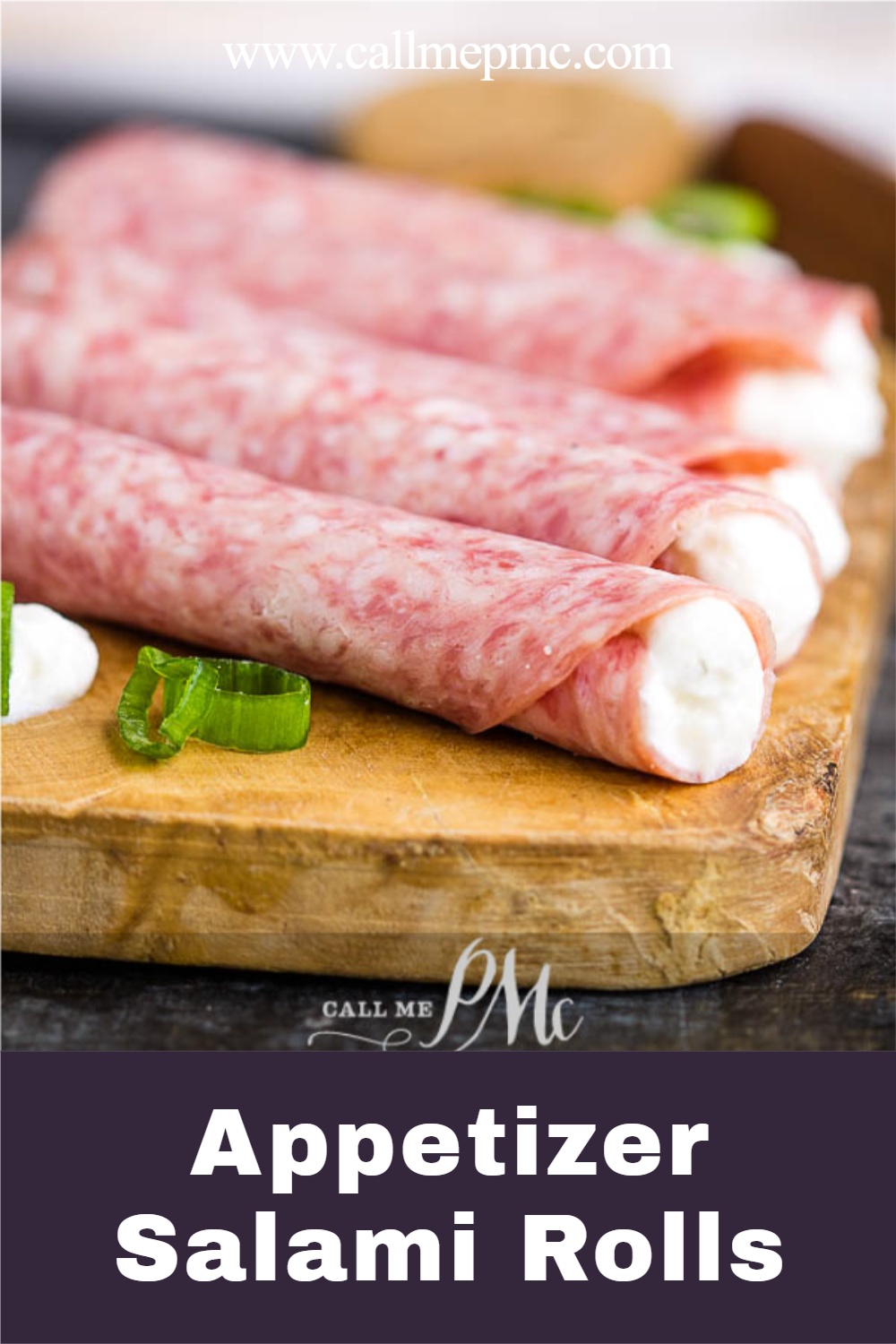 Appetizer Salami Rolls makes an easy appetizer for entertaining. Two ingredients & a few minutes for yummy finger food for charcuterie. #appetizer #salami #antipasta #creamcheese #appetizer #recipe