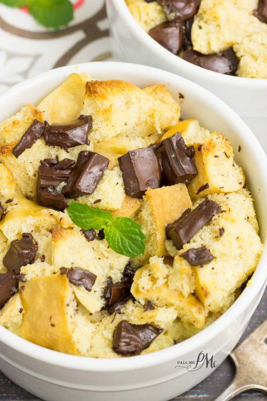 Rich and creamy chocolate bread pudding in a white ramekin.