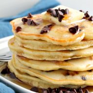 Light, fluffy, and super easy homemade Chocolate chip Pancakes are the most delicious breakfast treat. #pancakes #breakfast #recipe #homemade #fromscratch #chocolatechip