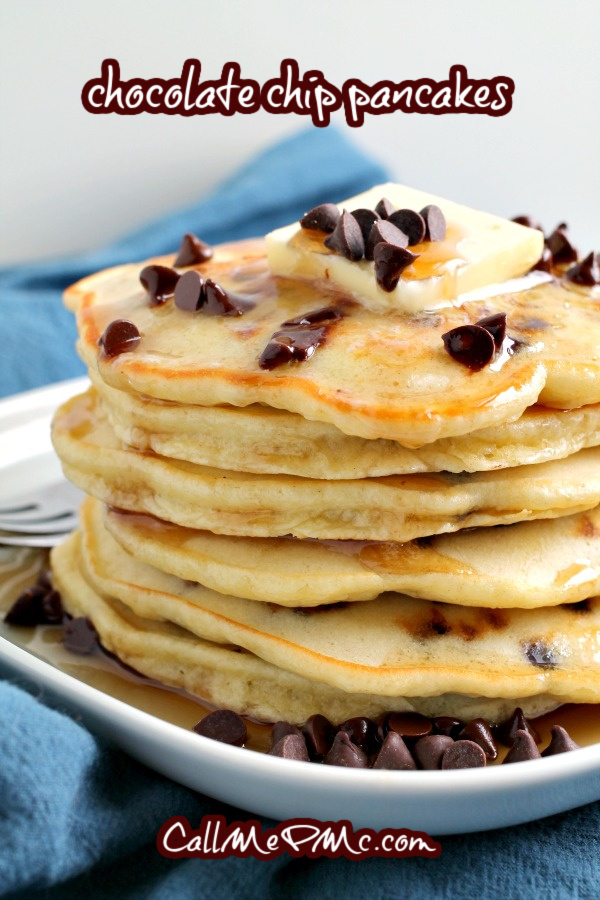 Light, fluffy, and super easy homemade Chocolate chip Pancakes are the most delicious breakfast treat. #pancakes #breakfast #recipe #homemade #fromscratch #chocolatechip