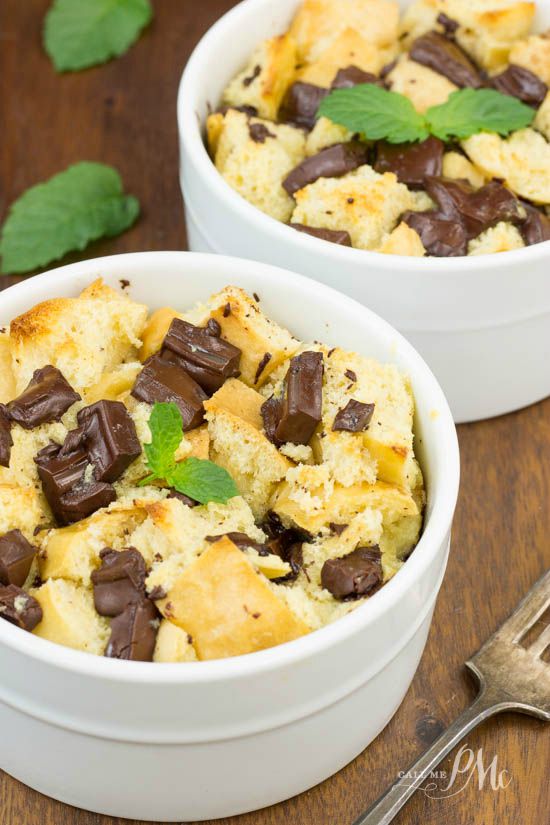 Rich and creamy, Chocolate Chunk Bread Pudding has large chunks of chocolate. Baked bread custard in a ramekin.