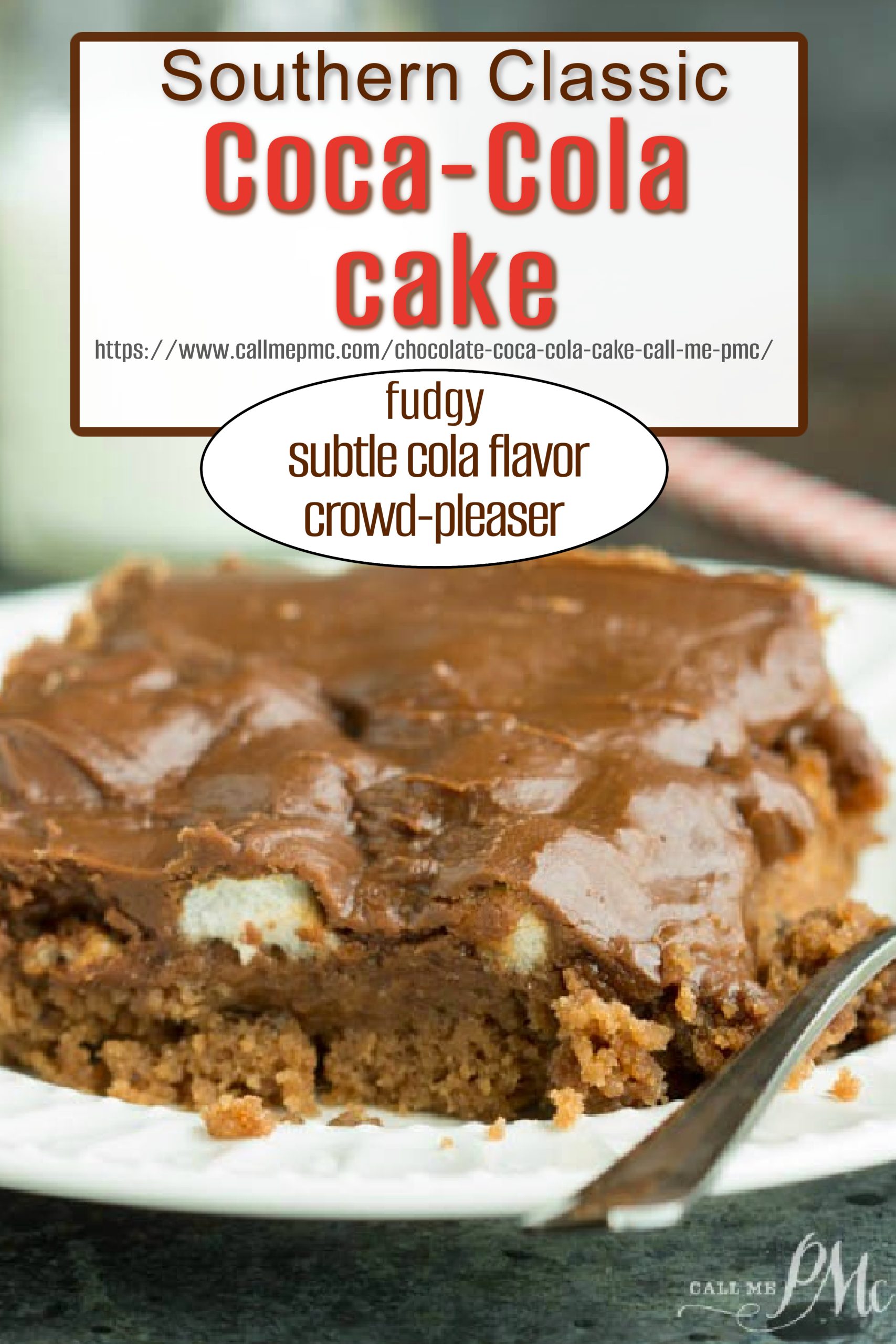 A slice of Chocolate Coca-Cola Cake with chocolate frosting sits on a white plate, described as fudgy, subtly cola-flavored, and always a crowd-pleaser.
