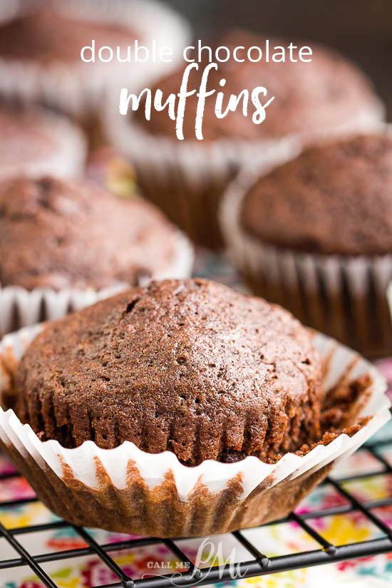 Double Chocolate Muffins are densely packed with chocolate chips and cocoa. This recipe is so simple and does not require a mixer. #chocolate #chocolatechips #muffins #baking #homemade #easy #recipe #fromscratch Double Chocolate Muffins