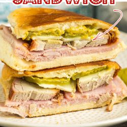 This crispy, gooey Zesty Cuban Sandwich is filled with melty cheese, tangy mustard, smoked pork tenderloin, honey ham, and crunchy pickles.