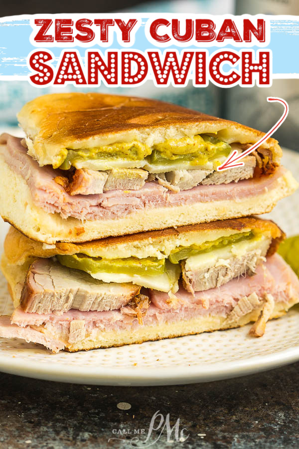 This crispy, gooey Zesty Cuban Sandwich is filled with melty cheese, tangy mustard, smoked pork tenderloin, honey ham, and crunchy pickles.