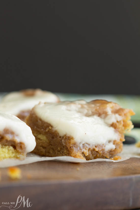 yellow cake topped with cinnamon frosting