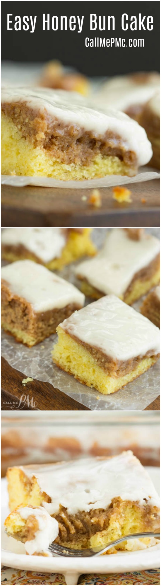 Easy Honey Bun Cake has a buttery yellow cake layer, topped with a cinnamon roll filling top layer. A vanilla glaze then smothers the entire cake with sweetness. This is an easy way to enjoy cinnamon rolls without the wait time of yeast rising. titled graphic for honey bun cake recipe.