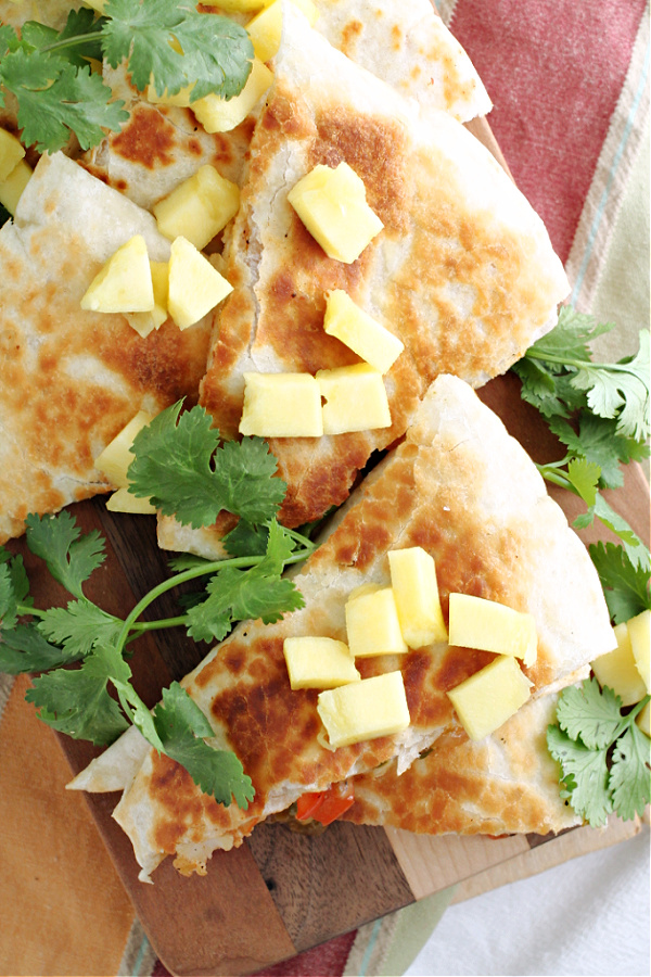 Flat lay of quesadillas with mango Shrimp Quesadilla