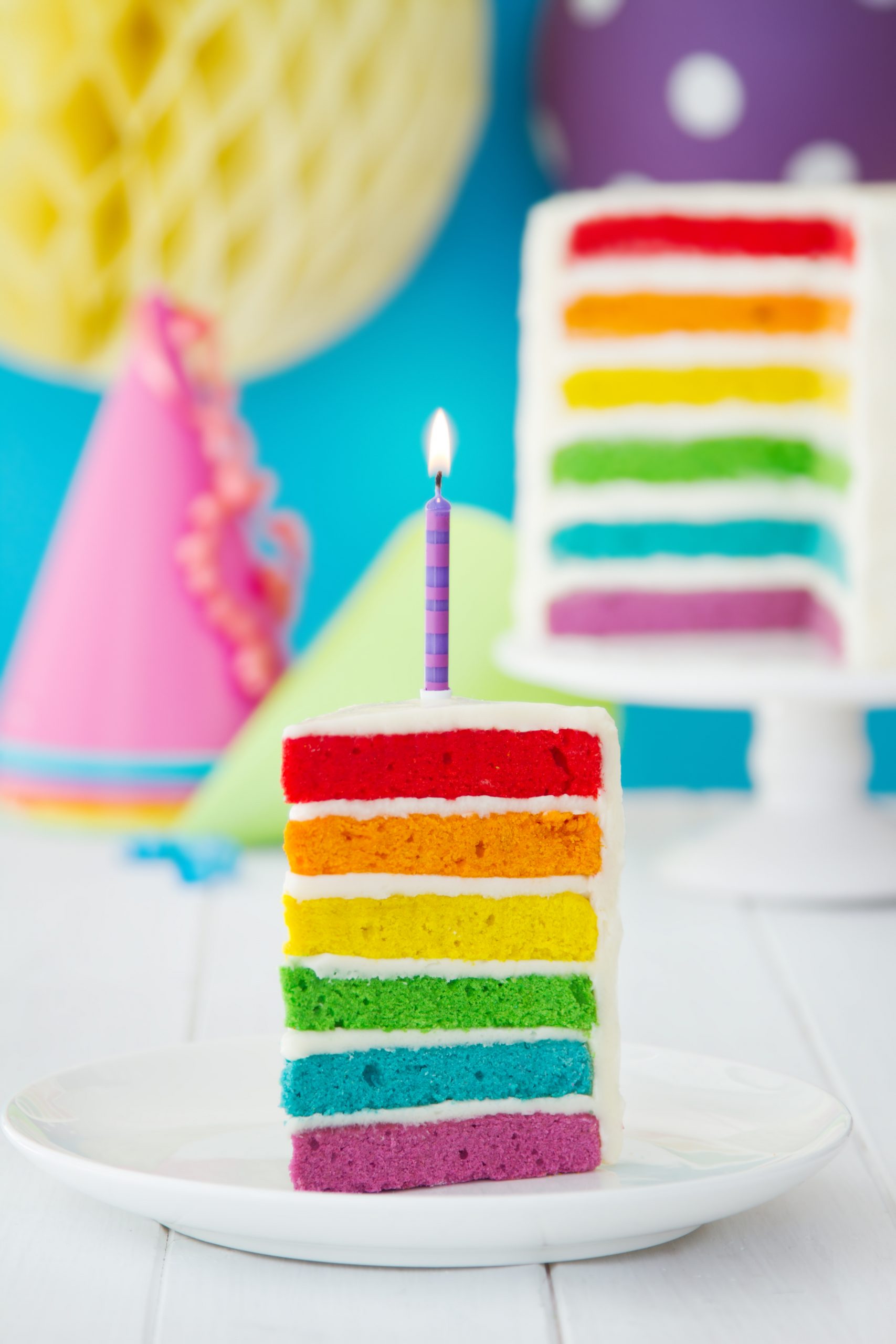 SLICE of multicolored cake layers on a plate Rainbow Cake