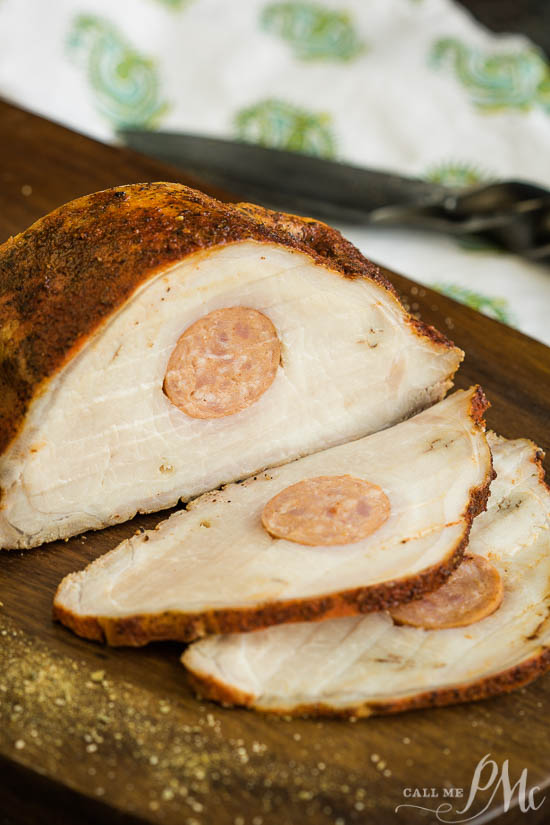 Stuffed Smoked Pork Loin - This stunning Stuffed Smoked Pork Loin is slightly spicy from the sausage. It's delicious and easy to make and great for low-carb, keto and paleo diets. #pork #sausage #grill Stuffed Smoked Pork Loin