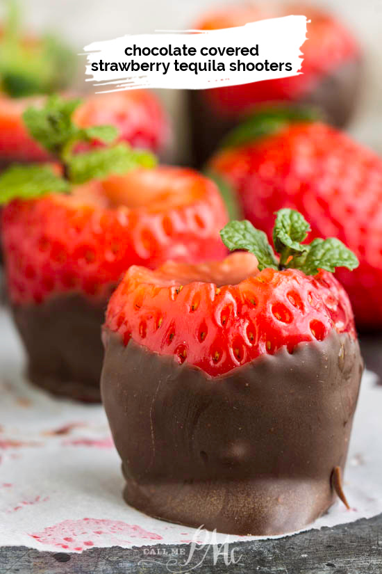 Novelty Chocolate Covered Strawberry Shooters with edible shot glass is perfect for your next party or a night in! #cocktails #happyhour #strawberries #tequila #tequilashot #drinks #easy #recipe #chocolate