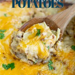 Cheesy Bacon Scalloped Potatoes is a quick easy scalloped potato recipe that has layers of potatoes, onions, cheese sauce, and bacon. #callmepmc #recipes