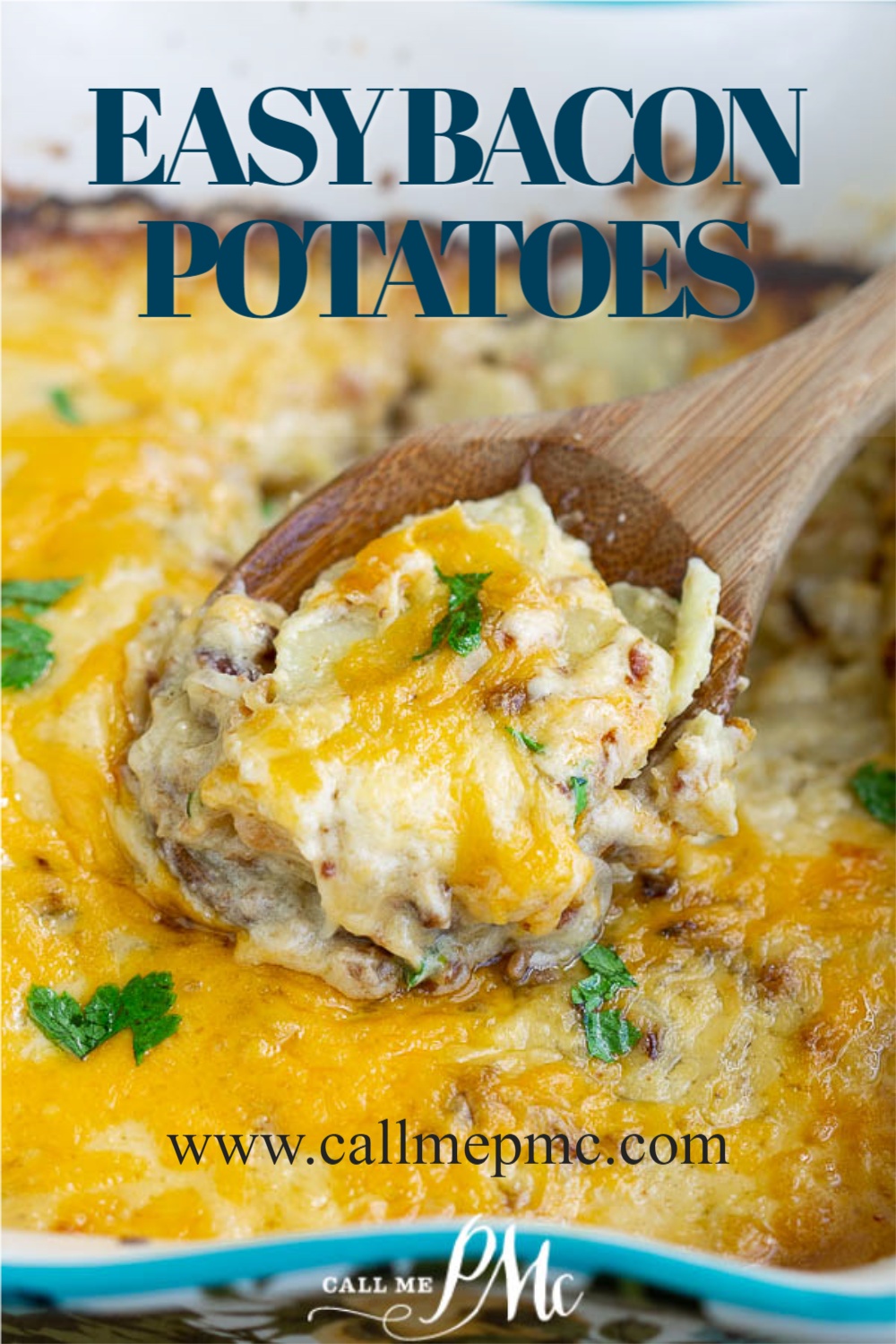 Cheesy Bacon Scalloped Potatoes is a quick easy scalloped potato recipe that has layers of potatoes, onions, cheese sauce, and bacon. #callmepmc #recipes Cheesy Bacon Scalloped Potatoes
