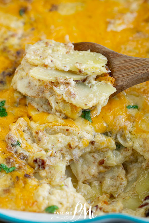 Cheesy Bacon Scalloped Potatoes is a quick easy scalloped potato recipe that has layers of potatoes, onions, cheese sauce, and bacon. #callmepmc #recipes Cheesy Bacon Scalloped Potatoes