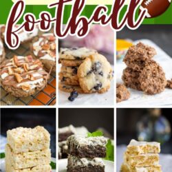 Collage of various football-themed party desserts like cookies, brownies, bars, and treats on cooling racks, with a green background and the text “50+ Party Treats Football” and football graphics at the top—perfect inspiration for Awesome Tailgating Dessert Recipes.