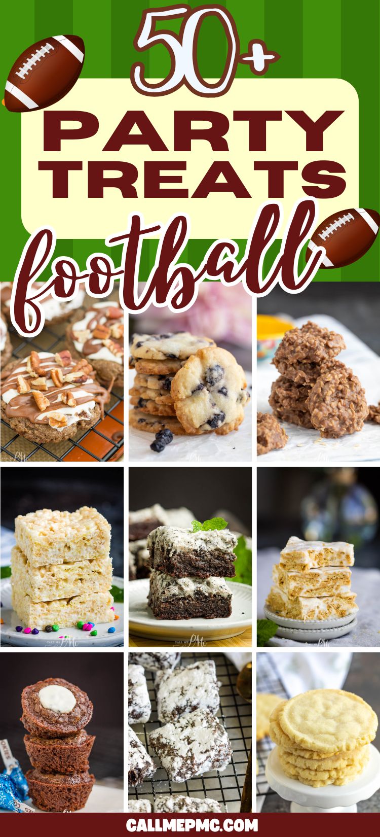 Collage of various football-themed party desserts like cookies, brownies, bars, and treats on cooling racks, with a green background and the text “50+ Party Treats Football” and football graphics at the top—perfect inspiration for Awesome Tailgating Dessert Recipes.