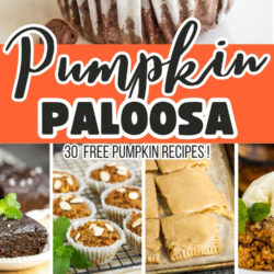 Collage of pumpkin desserts, including muffins, brownies, pie, bars, and other baked goods, with the text: “The Great Pumpkin Palooza – 30 Free Pumpkin Recipes! CALLMEPMC.COM”.