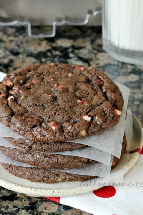 Stack of rich chocolate peppermint chip cookies.