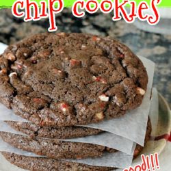 Soft, chewy, chocolatey cookies studded with white peppermint chips.