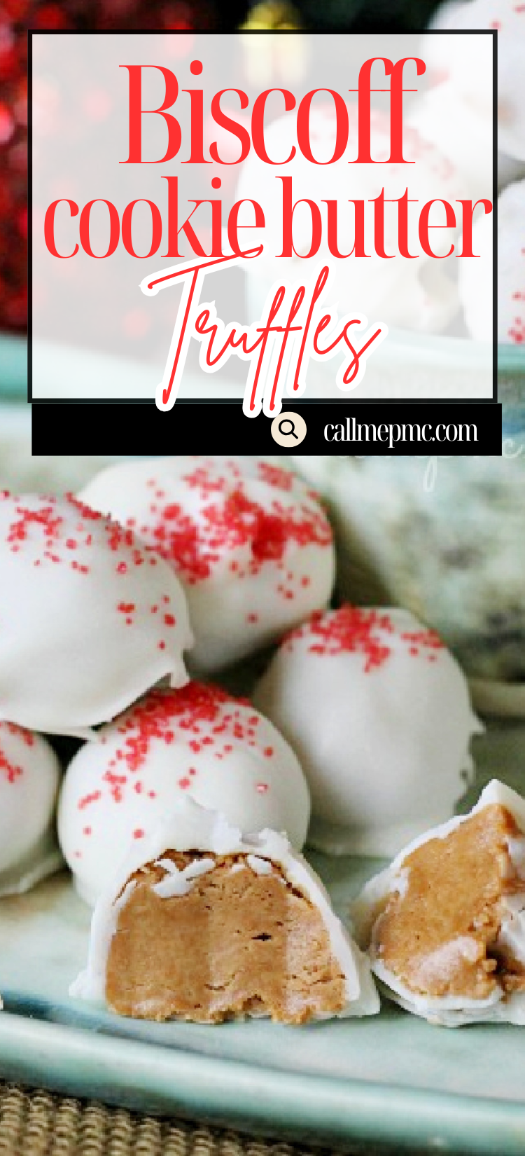 Cookie Butter Truffle delights: White chocolate-coated truffles with a cookie butter filling, some topped with red sprinkles, displayed on a plate; one truffle is cut open to reveal the tempting inside.