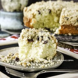 Best coffee cake ever!! Cranberry Eggnog Crumb Coffee Cake has so much flavor, is super moist, and that crumb topping is everything! A tender eggnog, vanilla cake is filled with cranberries and topped with a buttery crumb topping. A delicious treat for breakfast or dessert.
