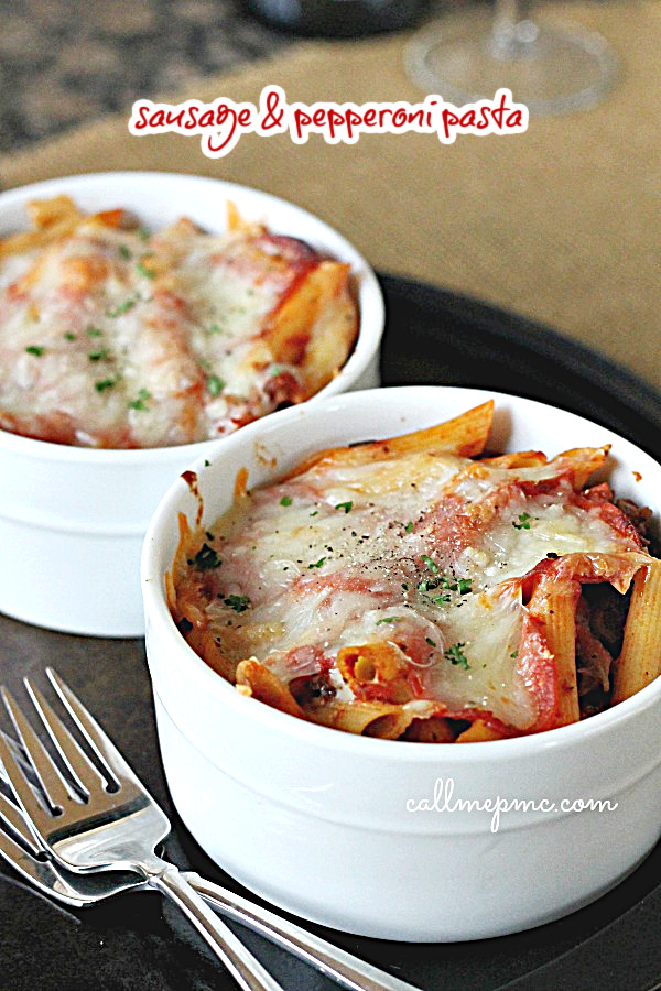 Baked Sausage Pepperoni Pasta Casserole is a quick meal made with pepperoni, sausage, and plenty of cheese, all mixed with pasta in tomato sauce and baked until bubbly! #sausage #pepperoni #pasta #mozzarella #baked #dinner #recipe #Italian
