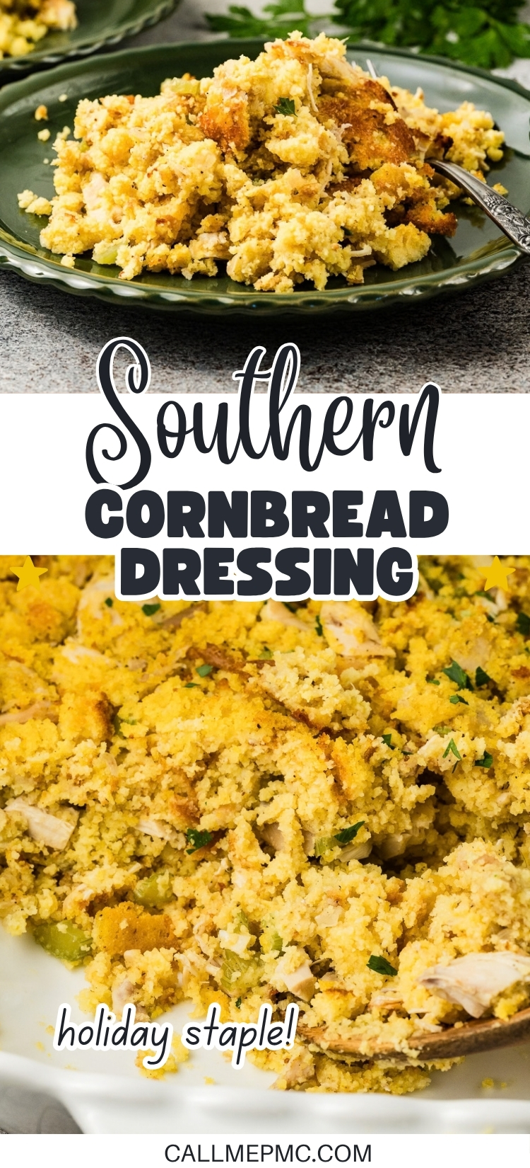 A serving of Southern cornbread dressing on a green plate with a fork, and a close-up of the dish, showing its golden, crumbly texture. Text reads “Southern Cornbread Dressing - holiday staple!”—a classic comfort food that brings tradition to every table.