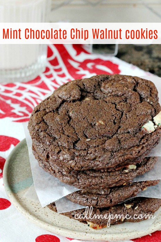 recipe. chocolate. dessert. Mint Chocolate Chip Walnut Cookies are full of mint chocolate candies, chocolate chips, and walnuts. They are chewy in the center and crispy around the edges just how I like cookies best! Mint Chocolate Chip Walnut Cookies