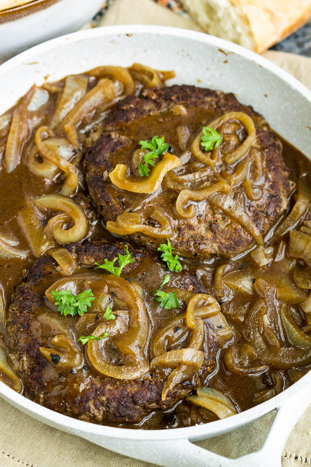 burgers and onions pan with hamburgers