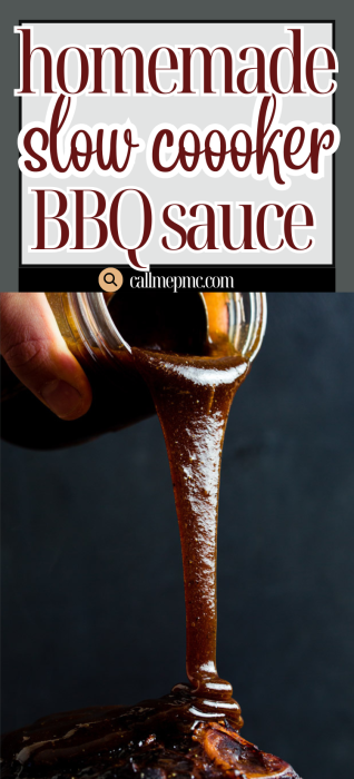 A hand pours thick, flavorful Slow Cooker Barbecue Sauce from a jar onto meat, with text reading “homemade slow cooker BBQ sauce” above.