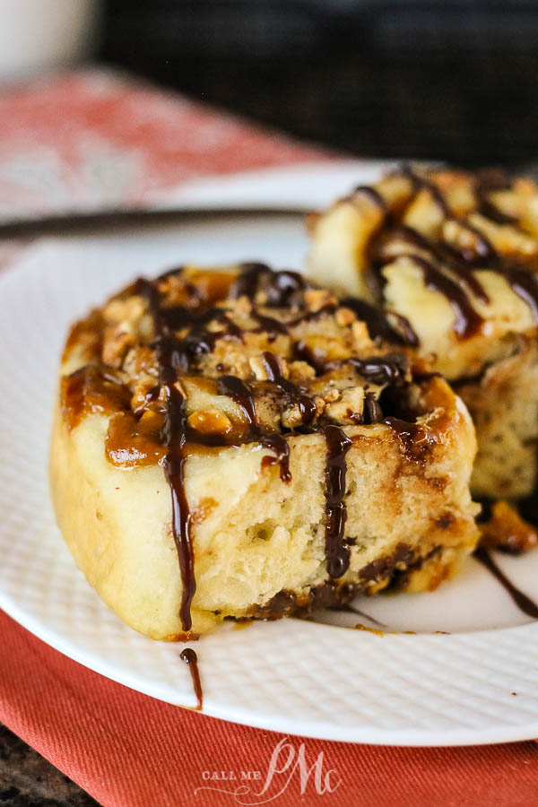 Sweet rolls with Snickers Bars ingredients caramel, peanuts, chocolate